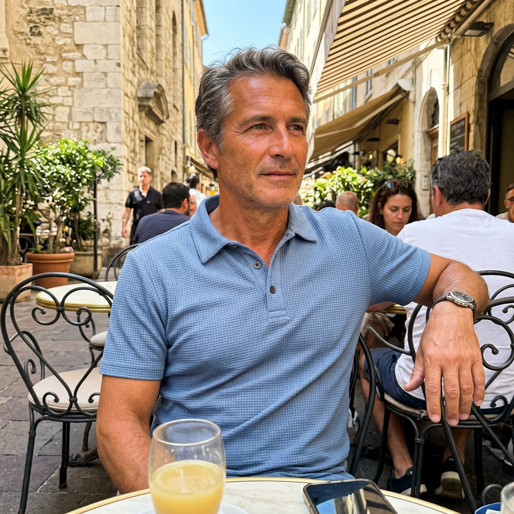 Homme portant le Kalvona Capri Polo bleu côtier en terrasse