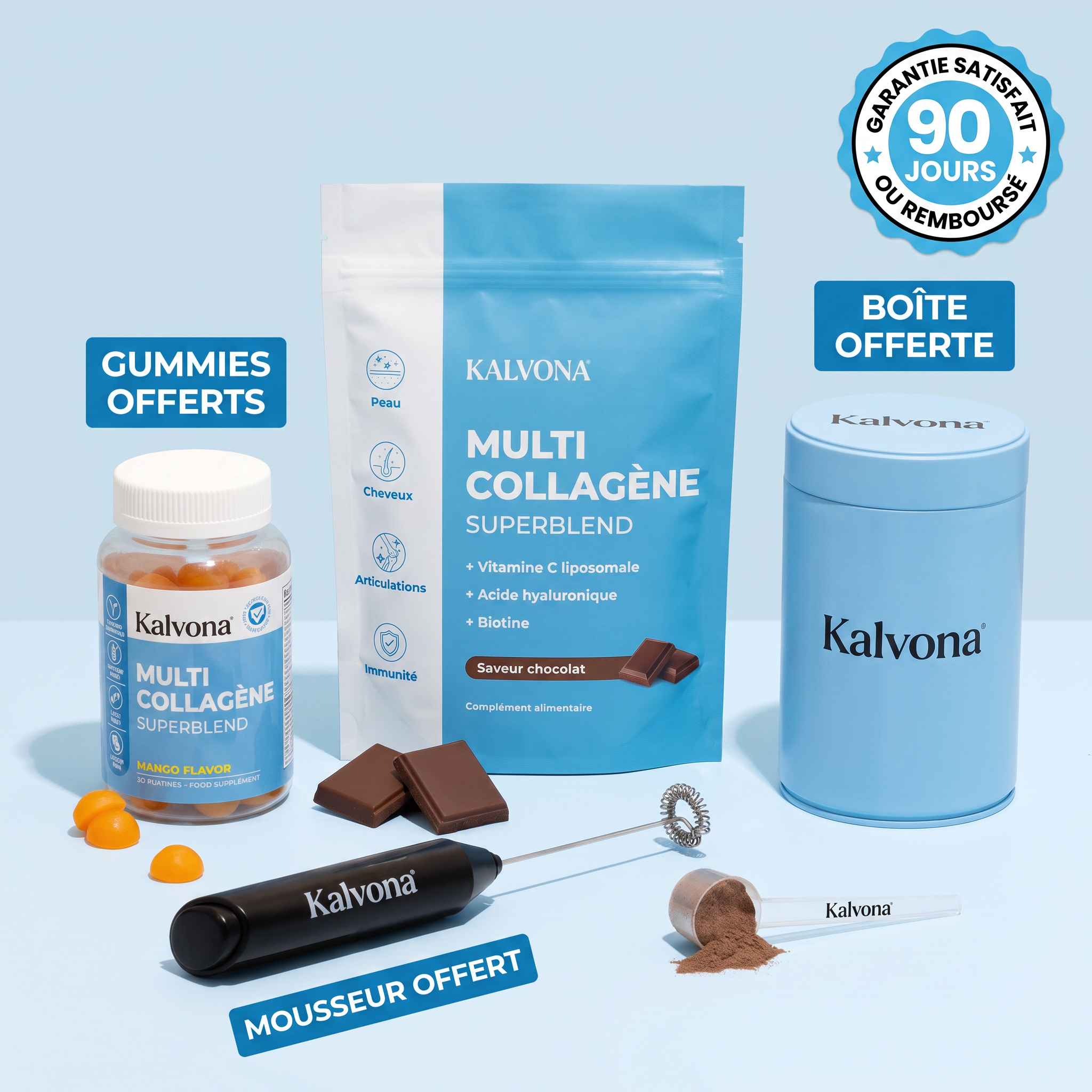 Kalvona Multi Collagène avec gummies, boîte et mousseur offerts