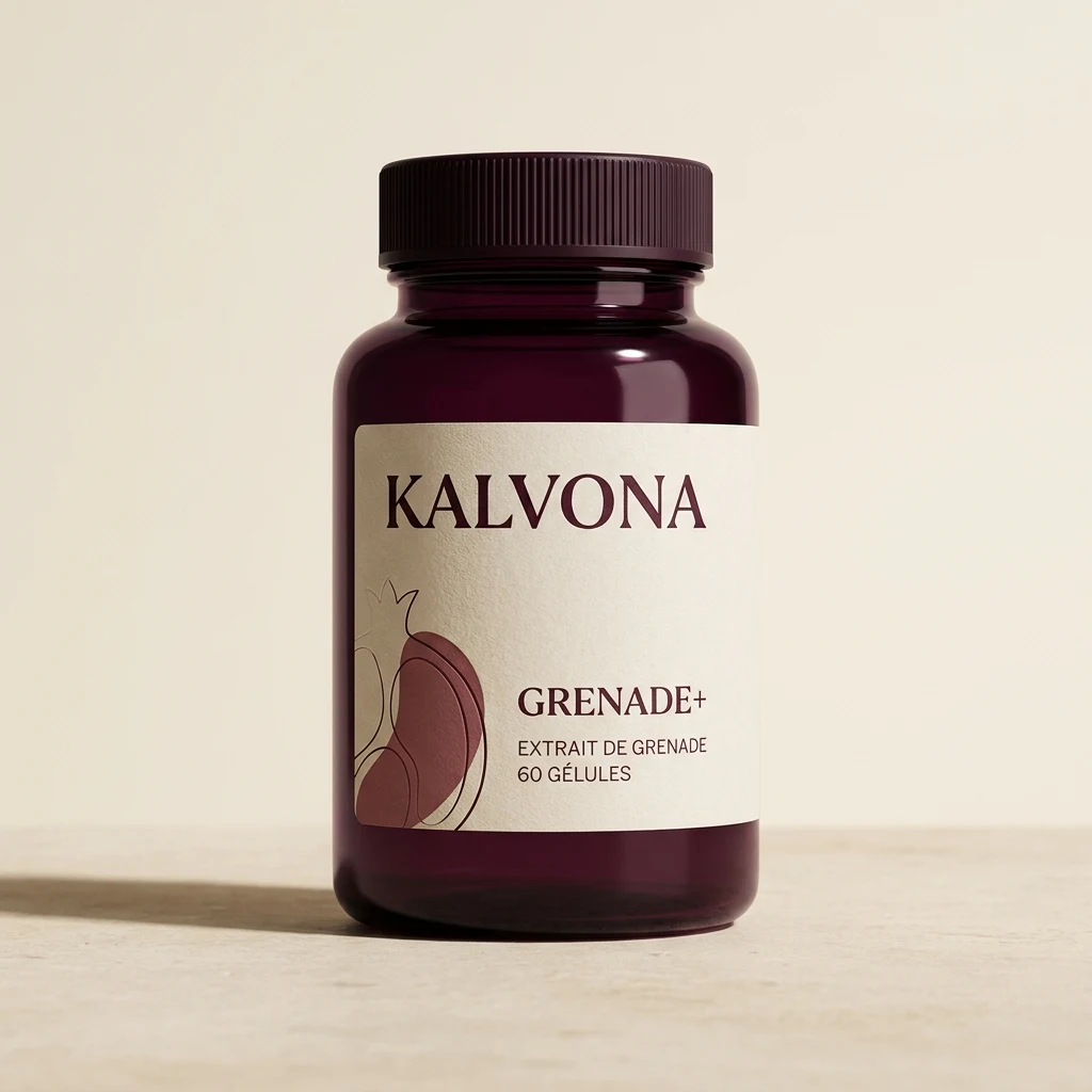 Flacon KALVONA GRENADE+ en verre aubergine avec étiquette ivoire