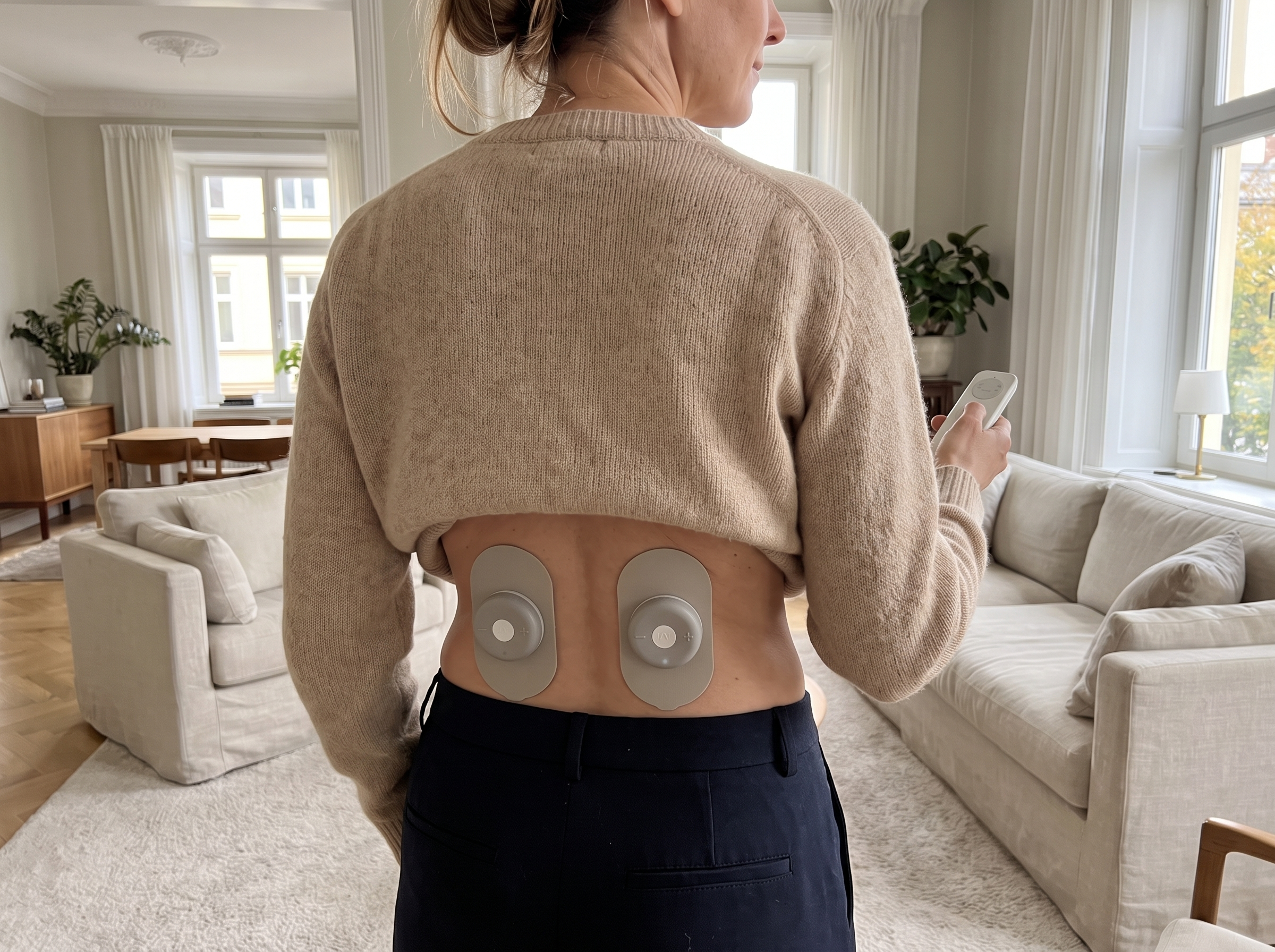 Femme utilisant Kalvona ReliefPro avec pads EMS crédibles sur le bas du dos