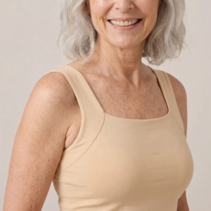 Femme souriante portant le débardeur beige Kalvona