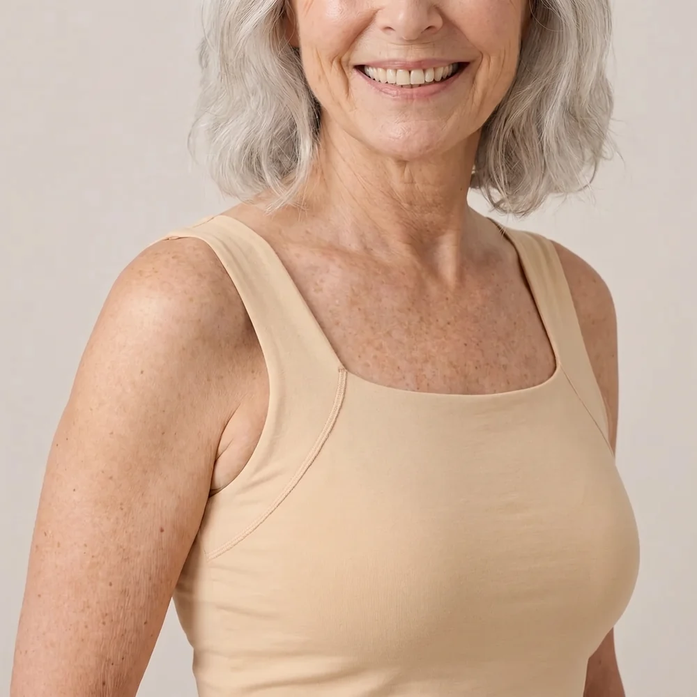 Femme souriante portant le débardeur beige Kalvona
