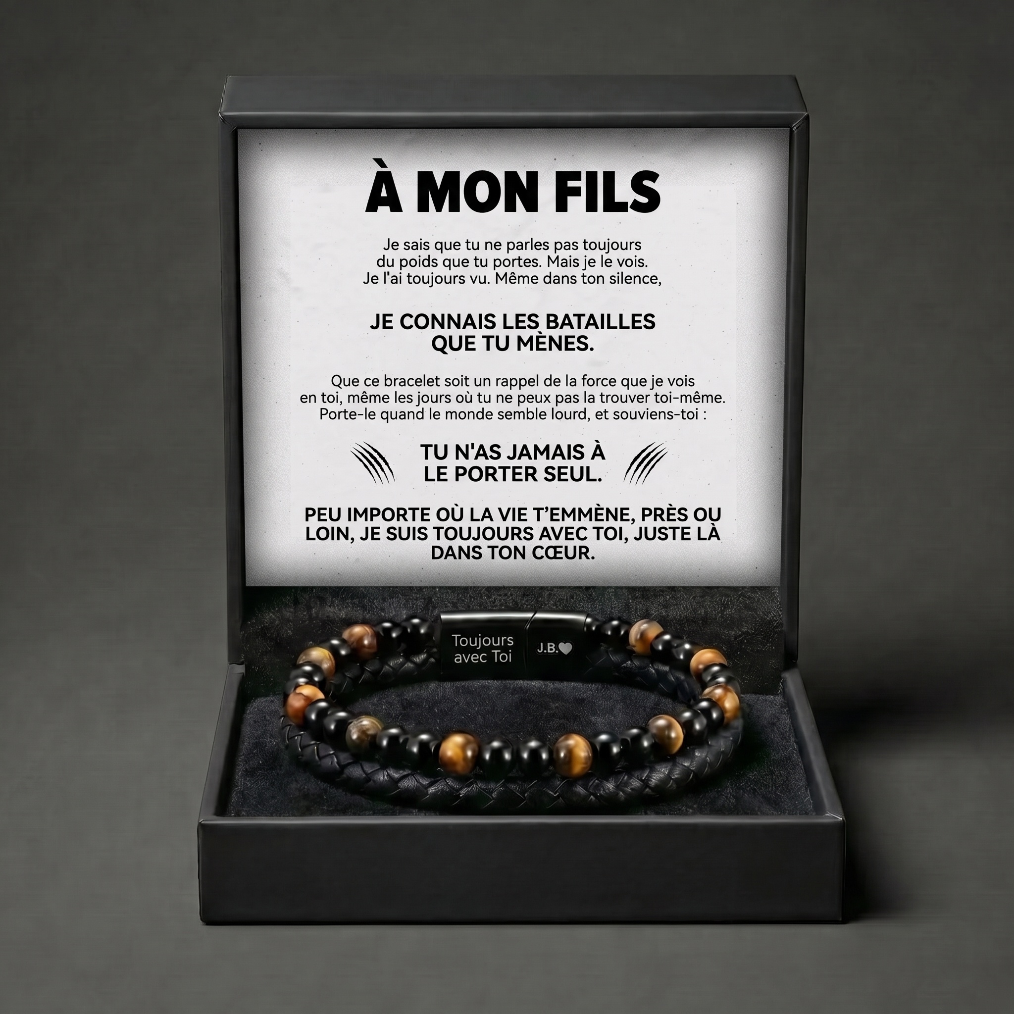 Bracelet œil de tigre – coffret À mon fils – gravure Toujours avec Toi